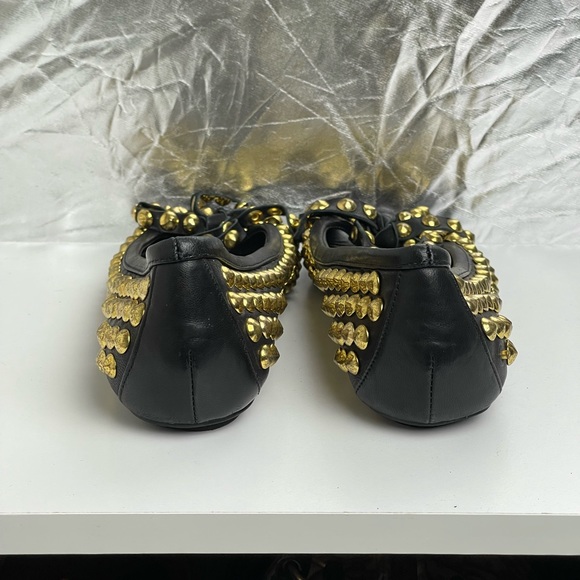 Miu Miu Open Toe Ballet Flats with Gold Studs and Ribbon Accents - Picture 4 of 12